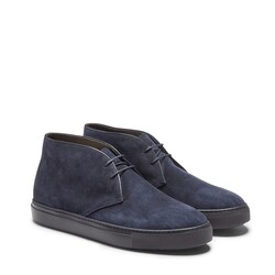 Men's suede desert boot with navy blue leather profiles
