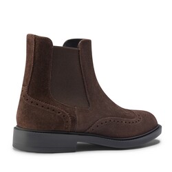 Men's Beatles ankle boot with holes and jagged details in cocoa-colored suede