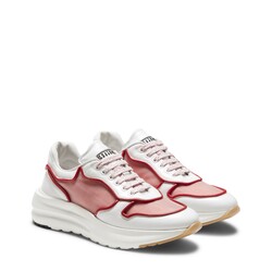 Deportiva de piel y tejido técnico color empolvado y rojo