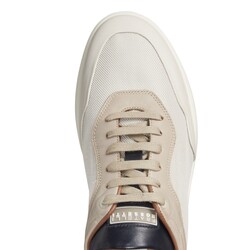 Sand-colored fabric and leather sneakers