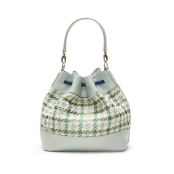 Bolso cubo de piel entrelazada de color verde/cielo/mar