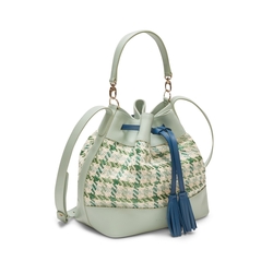 Green/sky/sea woven leather bucket bag