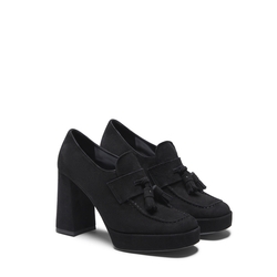Black suede loafer with tassels