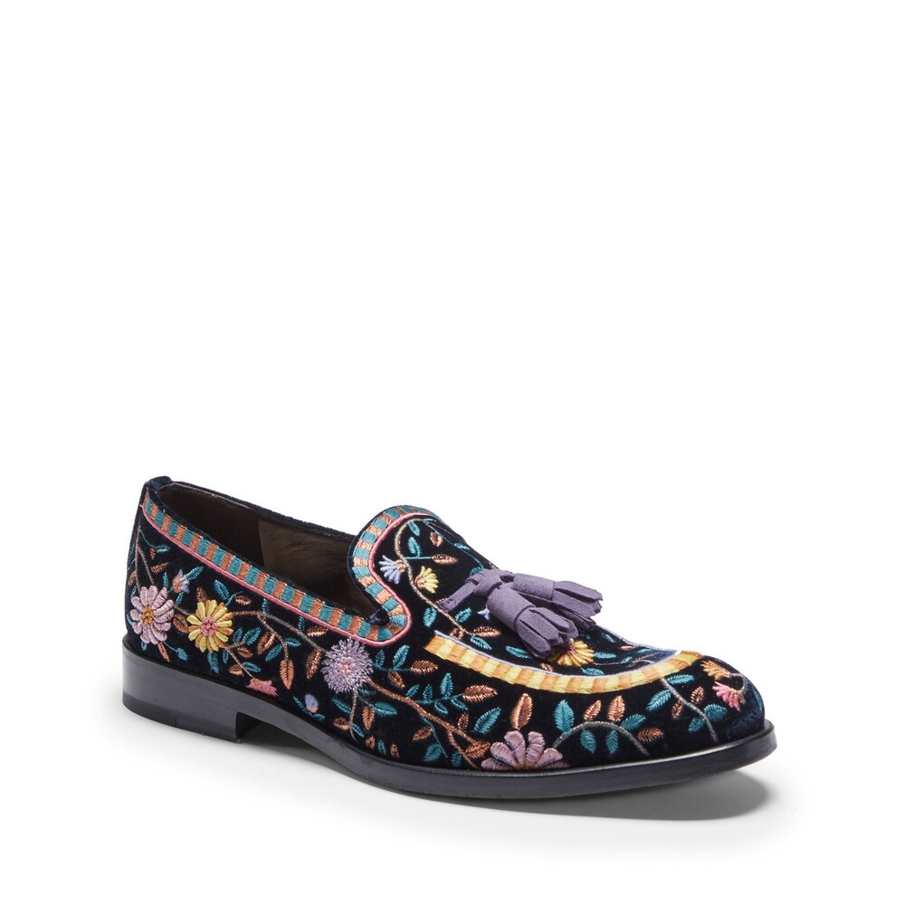 Navy blue velvet Brera loafer with floral embroidery