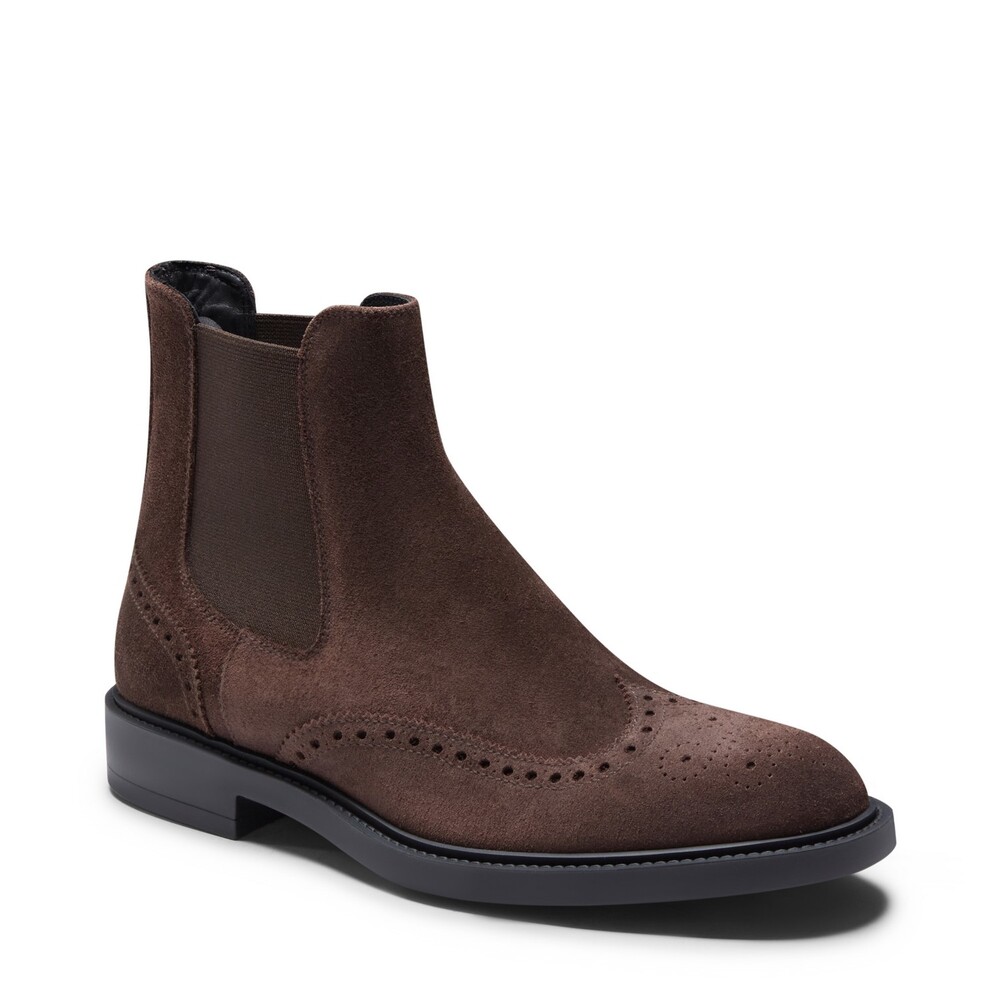 Men's Beatles ankle boot with holes and jagged details in cocoa-colored suede