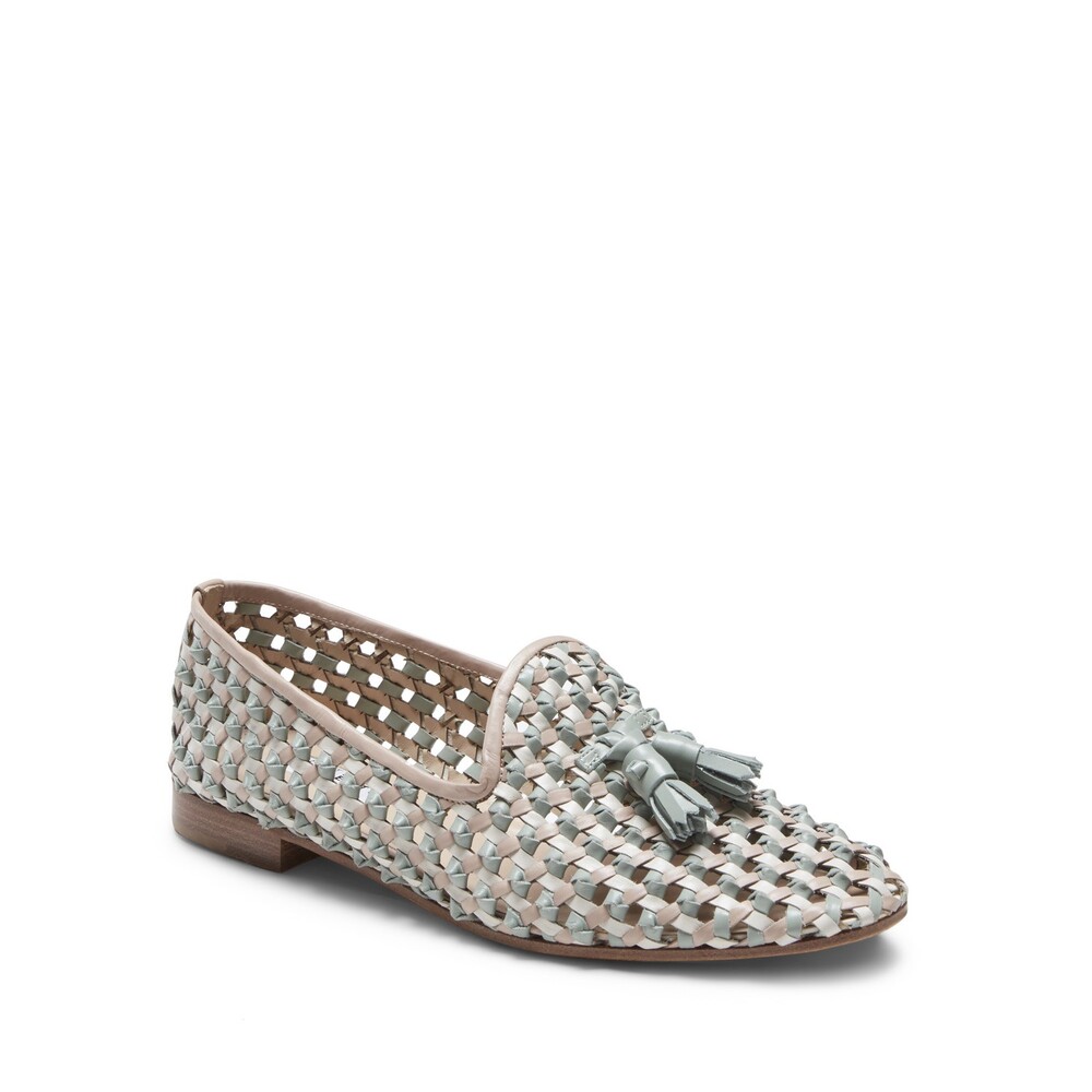 Powder pink / jade-colored woven leather slipper