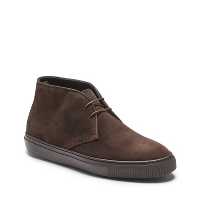 Men's suede desert boot with cocoa-colored leather profiles
