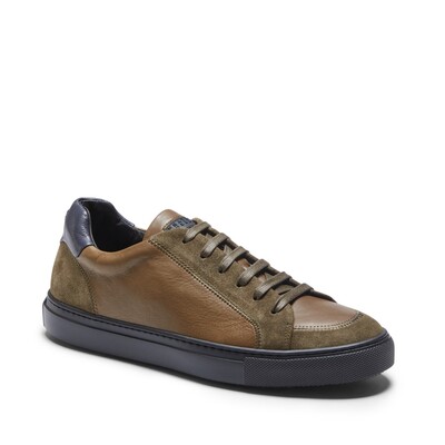 Olive and blue-colored soft leather and suede sneaker