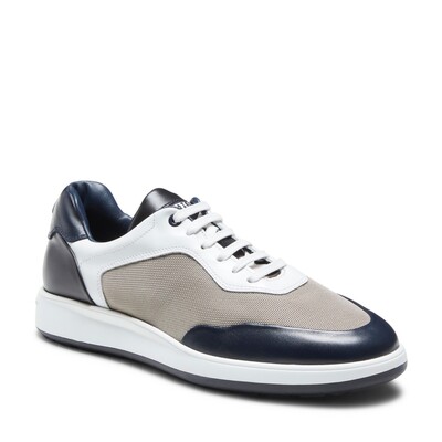 Gray and blue fabric and leather sneakers