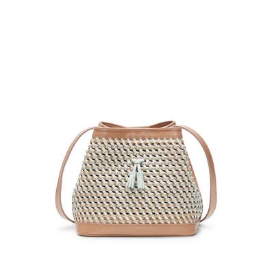 Beige/white/sky woven leather bucket bag
